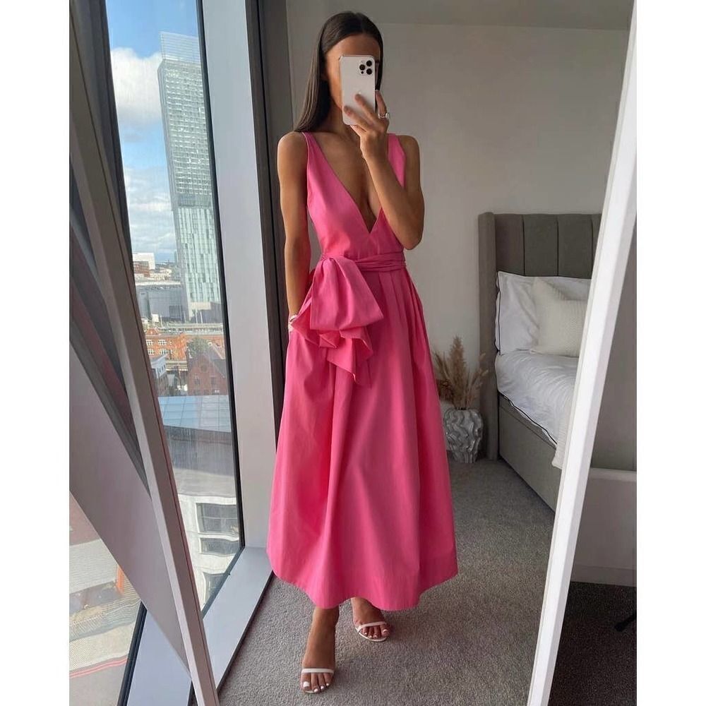Zara Bow Pink Midi Dress Deep Plunge Poplin New Barbiecore Barbie - Picture 9 of 16